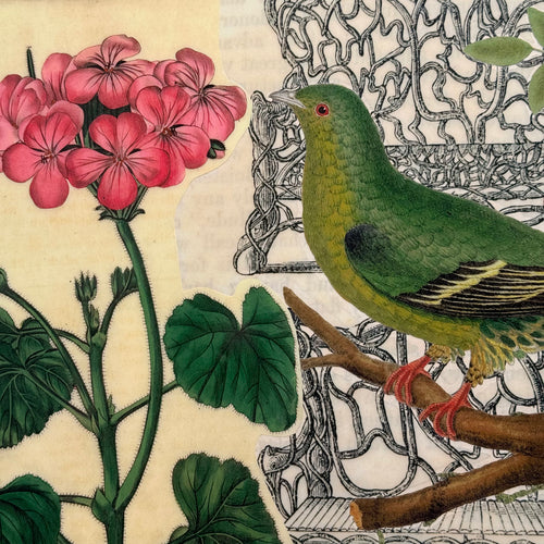 One-of-a-Kind Collaged Geraniums & Green Bird Mat (#47)