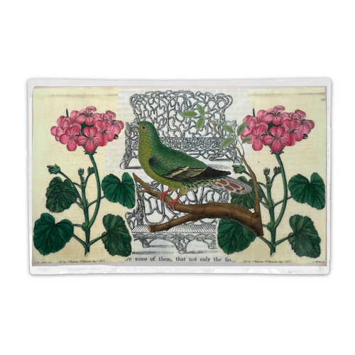 One-of-a-Kind Collaged Geraniums & Green Bird Mat (#47)