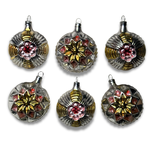 Set of 6 Round Ornaments in Pink & Gold