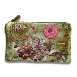 Madame Bovary Embroidered Silk Velvet Cosmetic Zip Pouch in Shaded Mint