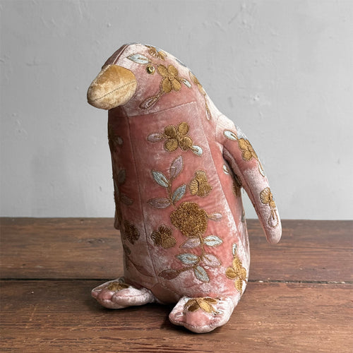 Sona Embroidered Silk Velvet Penguin in Sorbet Pink