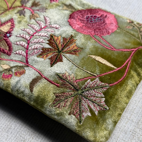 Madame Bovary Embroidered Silk Velvet Cosmetic Zip Pouch in Shaded Mint