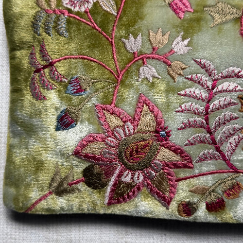 Madame Bovary Embroidered Silk Velvet Cosmetic Zip Pouch in Shaded Mint