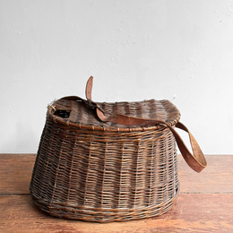 Antique Wicker Fishing Creel with Leather Strap