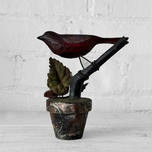 Black Forest Carved Perched Bird on Clay Pot (#4)