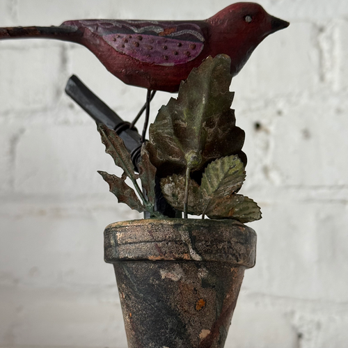 Black Forest Carved Perched Bird on Clay Pot (#4)