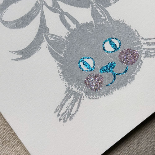Block Printed Silver Cat Folded Card