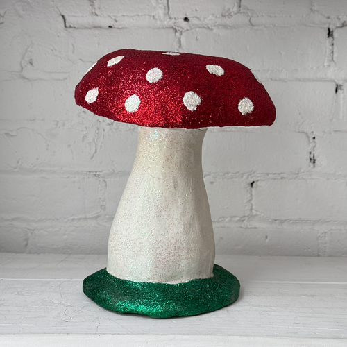 Large Papier-Mâché Glitter Mushroom with Green Base