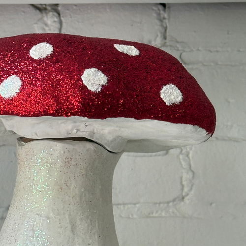 Large Papier-Mâché Glitter Mushroom with Green Base