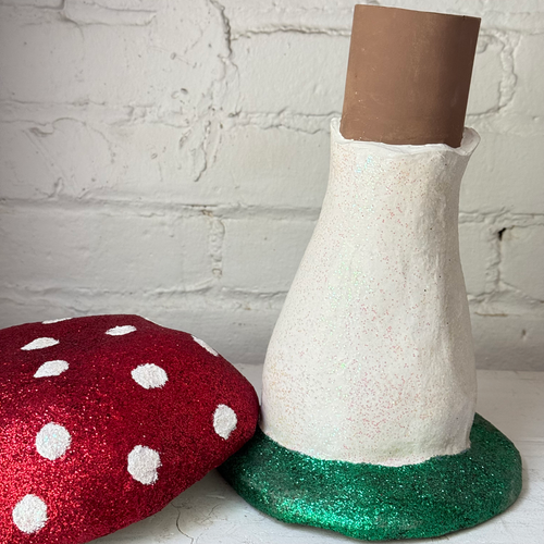 Large Papier-Mâché Glitter Mushroom with Green Base