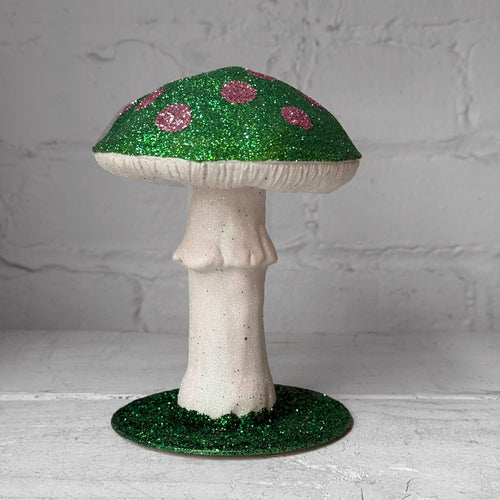Single Glitter Mushroom in Light Green with Pink Dots