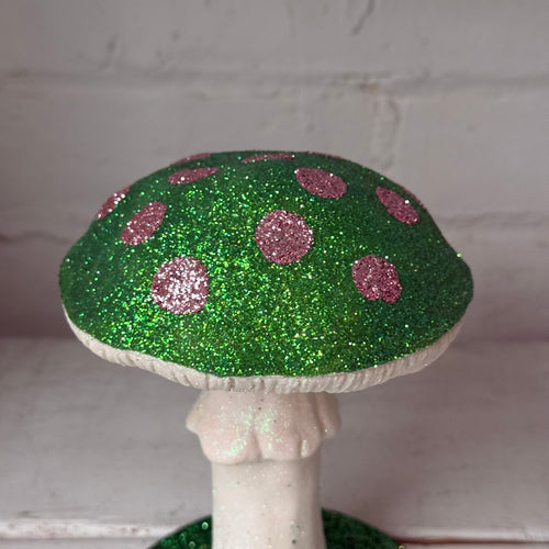 Single Glitter Mushroom in Light Green with Pink Dots