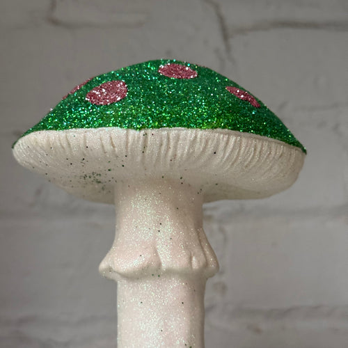 Single Glitter Mushroom in Light Green with Pink Dots