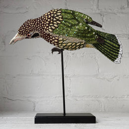 Hand-Beaded Green Bird on Stand by Trovelore
