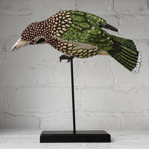 Hand-Beaded Green Bird on Stand by Trovelore