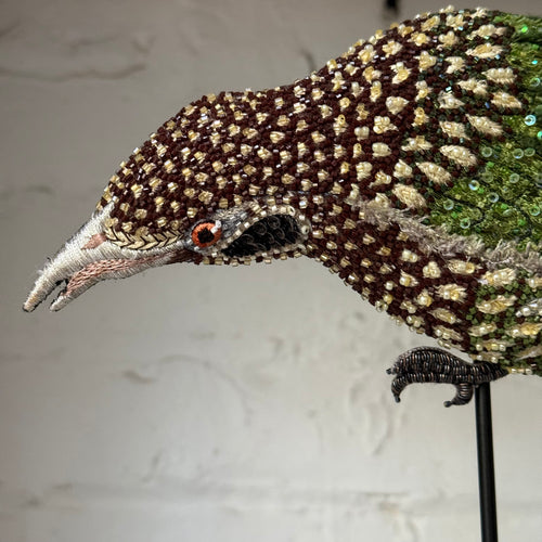 Hand-Beaded Green Bird on Stand by Trovelore