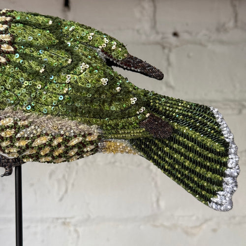 Hand-Beaded Green Bird on Stand by Trovelore
