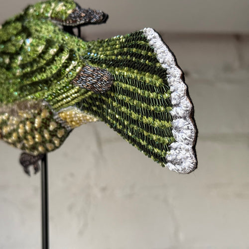 Hand-Beaded Green Bird on Stand by Trovelore