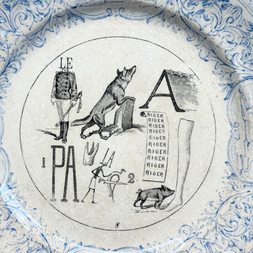 Set of 6 19th‑century French Sarreguemines Talking Plates