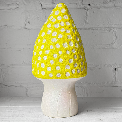Glitter Morel Mushroom in Neon Yellow with Many White Dots