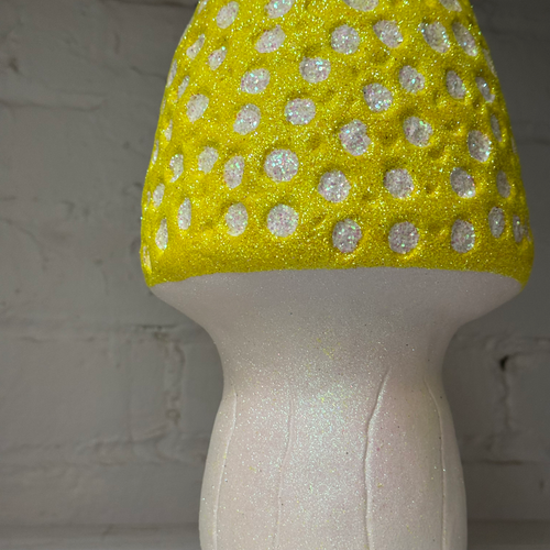 Glitter Morel Mushroom in Neon Yellow with Many White Dots