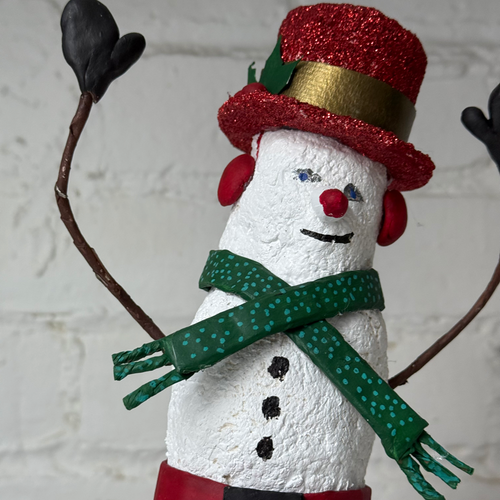 Papier-Mâché Snowman with Polka Dot Scarf and Red Hat