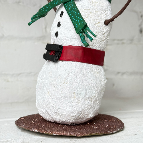 Papier-Mâché Snowman with Polka Dot Scarf and Red Hat