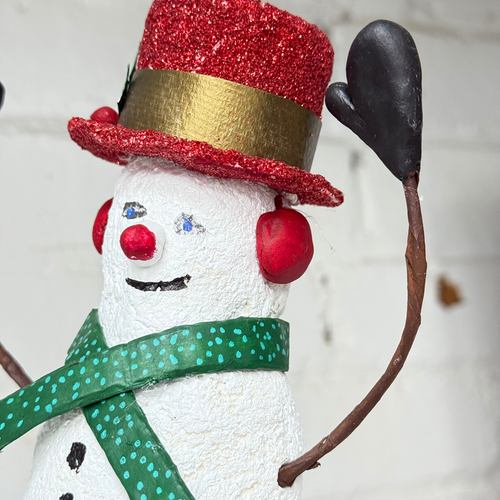Papier-Mâché Snowman with Polka Dot Scarf and Red Hat