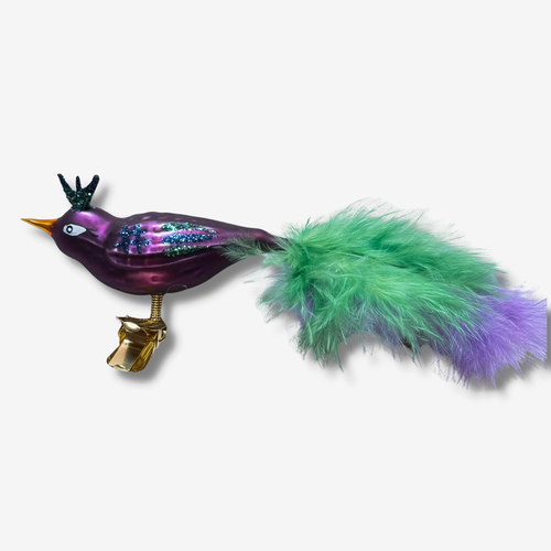 Green & Purple Feather Tailed Clip-on Bird Ornament