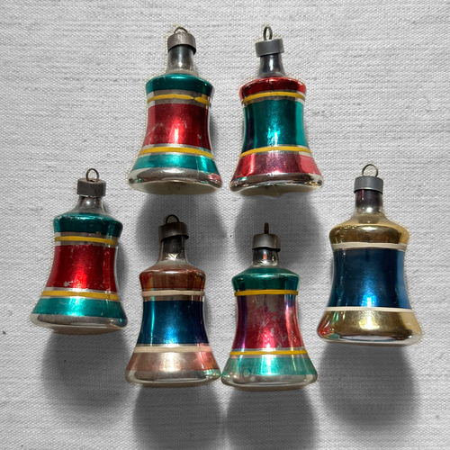 Set of 6 Vintage Striped Bell Ornaments (VO57)