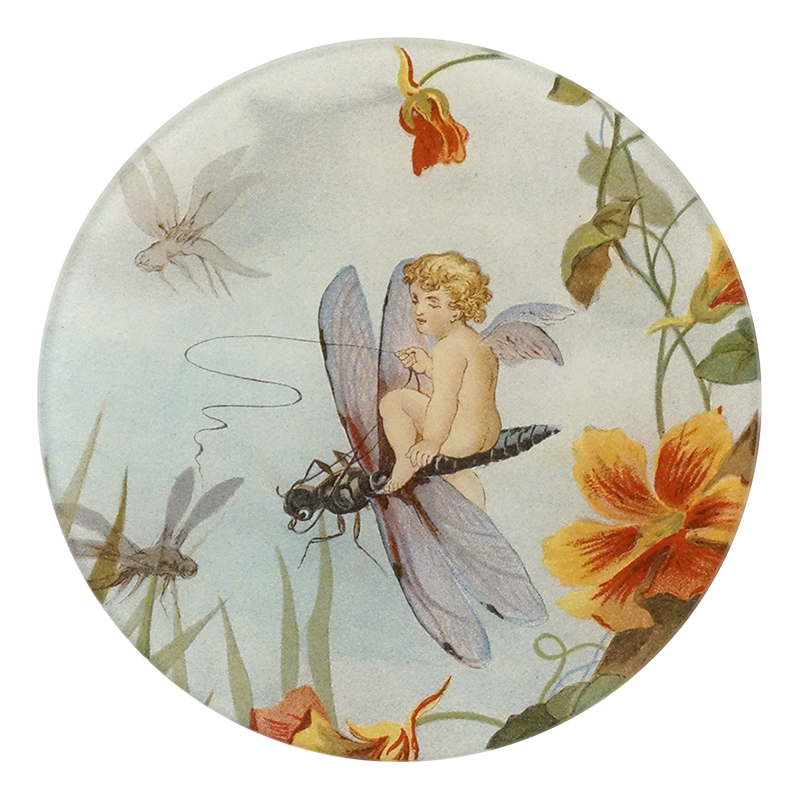 A five inch round glass plate featuring a fairy on a fly surrounded by flowers