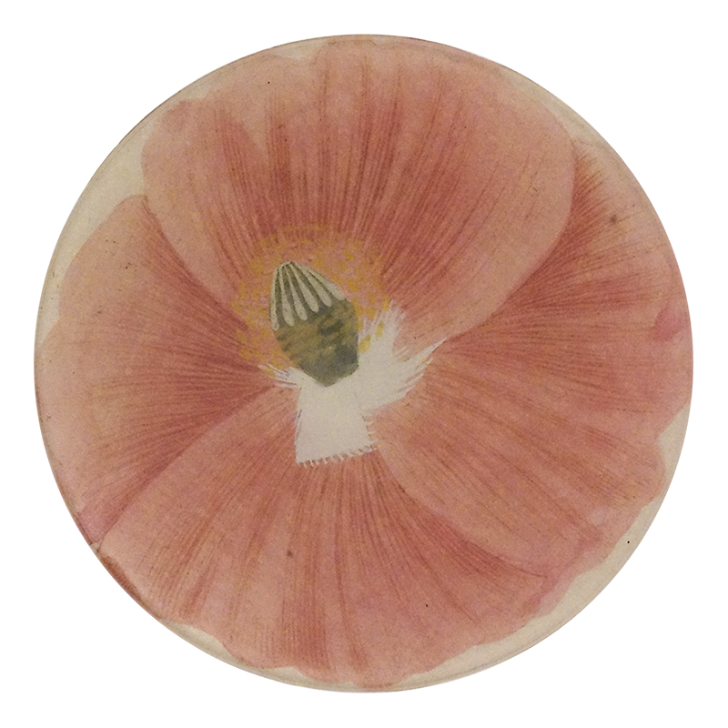 A  five inch round glass plate with a pink poppy flower design.