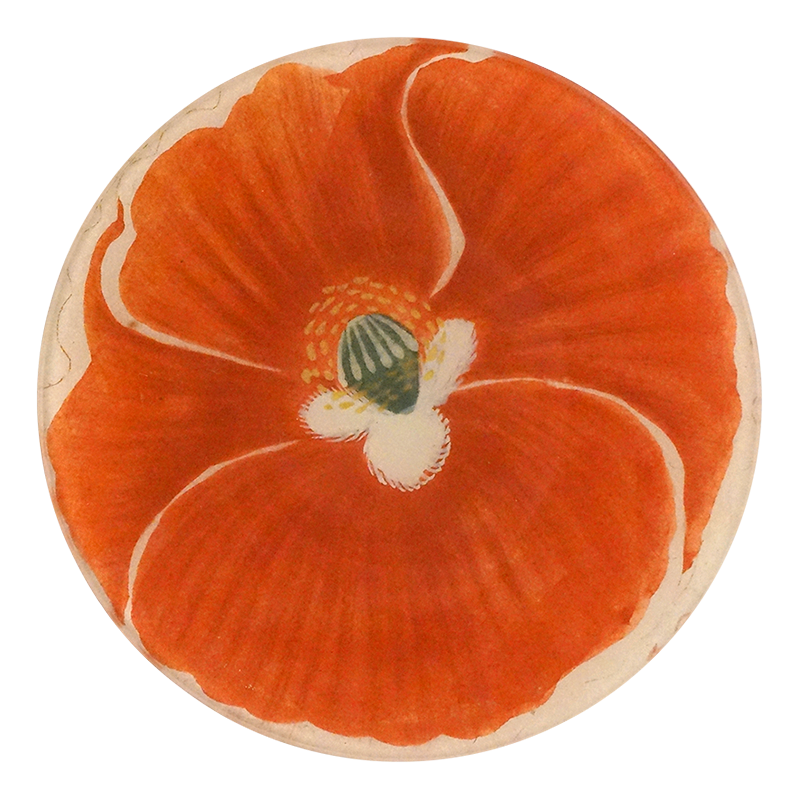 A five inch round glass plate featuring a close up image of a red poppy 