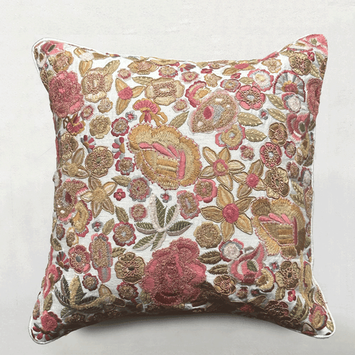 Fleur Embroidered Tassia Cushion in Ivory