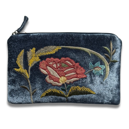 Lola Embroidered Silk Velvet Cosmetic Zip Pouch in Indigo