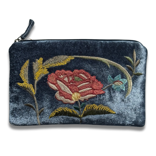 Lola Embroidered Silk Velvet Cosmetic Zip Pouch in Indigo