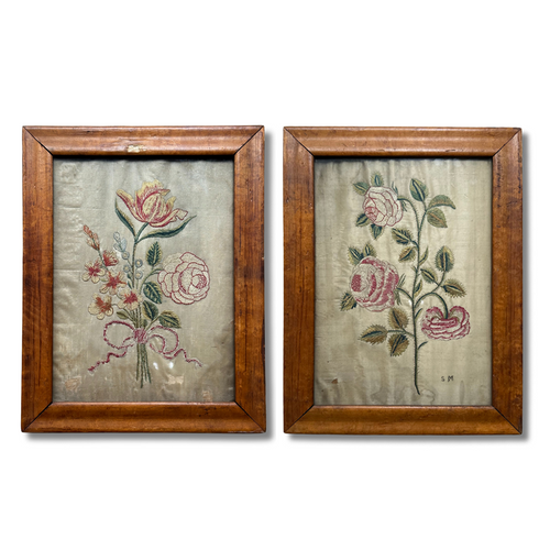 Pair of 19th-century Framed Embroidered Floral Silk Panels