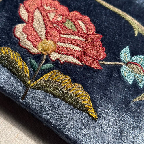 Lola Embroidered Silk Velvet Cosmetic Zip Pouch in Indigo