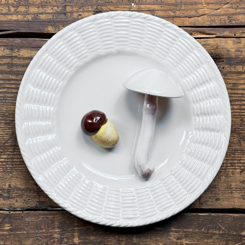 Trompe L'oeil Mushroom Plate with Basket-Weave Rim