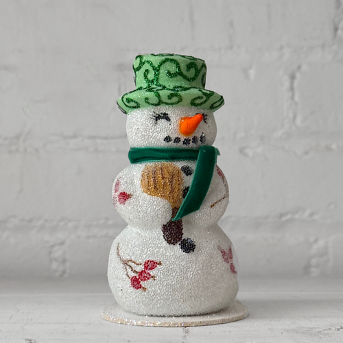 Papier-Mâché Beaded Snowman in Green Hat