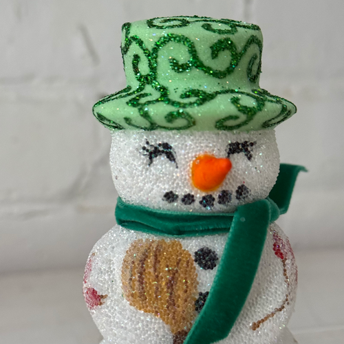 Papier-Mâché Beaded Snowman in Green Hat