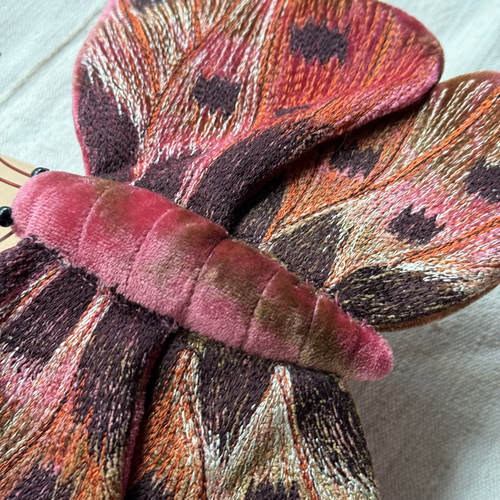 Original Silk Velvet Embroidered Butterfly in Shaded Light Rouge