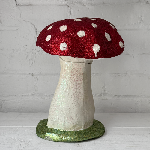 Large Papier-Mâché Glitter Mushroom with Lime Green Base