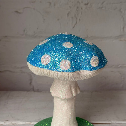 Single Glitter Mushroom in Light Blue with White Dots