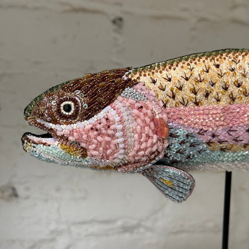 Hand-Beaded Rainbow Trout on Stand by Trovelore