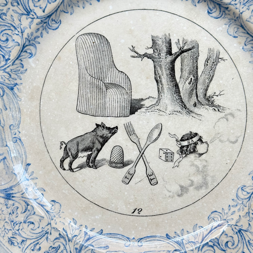 Set of 6 19th‑century French Sarreguemines Talking Plates