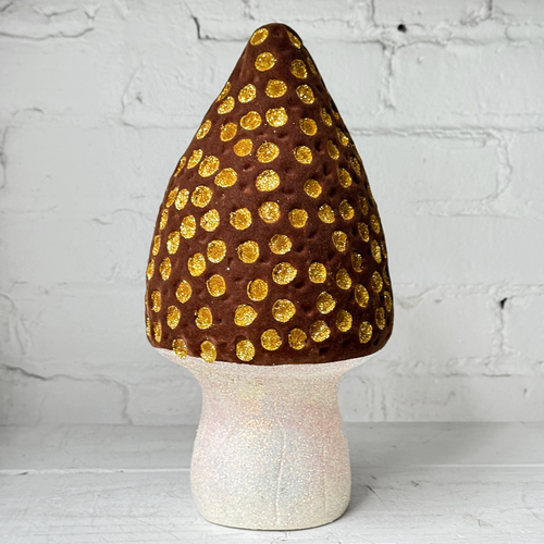Flocked Glitter Morel Mushroom in Brown Yellow with Many Gold Dots