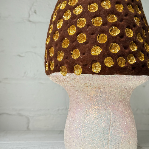 Flocked Glitter Morel Mushroom in Brown Yellow with Many Gold Dots