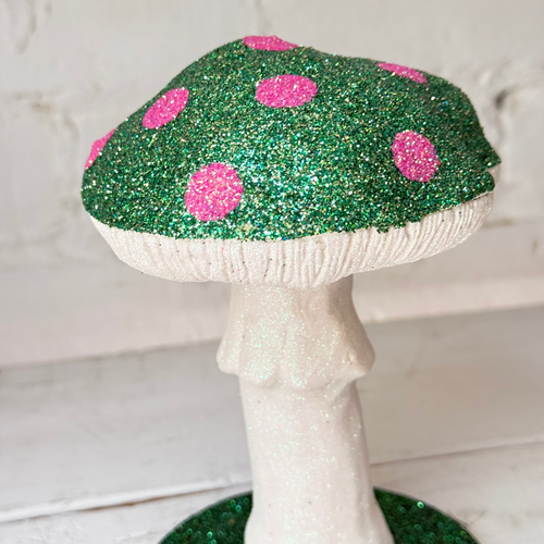 Single Glitter Mushroom in Green with Rose Dots