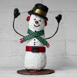Papier-Mâché Snowman with Polka Dot Scarf and Black Hat